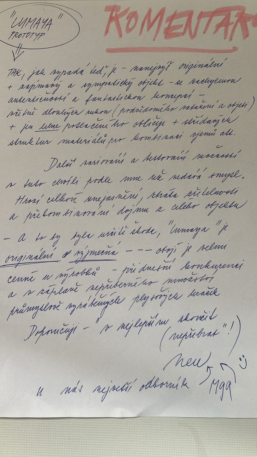 Ručně psaný komentář výrobkyně hraček k prototypu Lumayi.